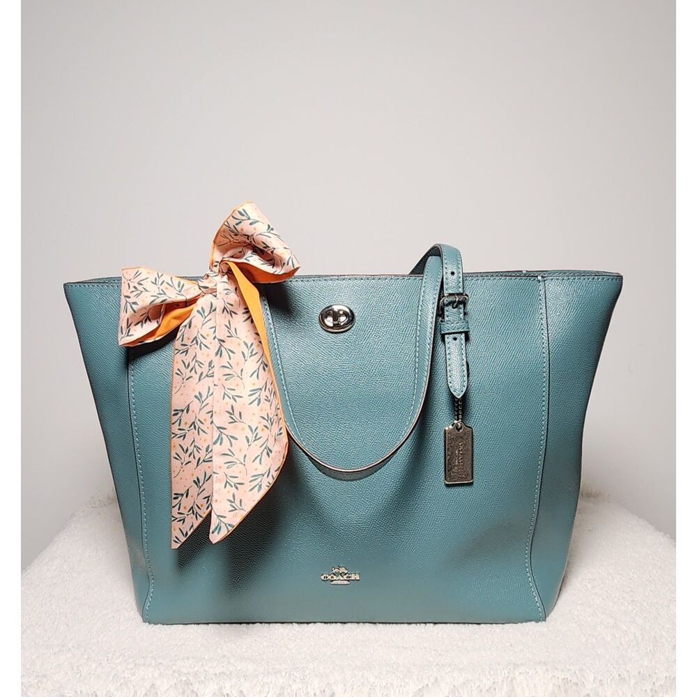 Coach 29086 Green Grey Turnlock Leather Tote Shoulder Bag